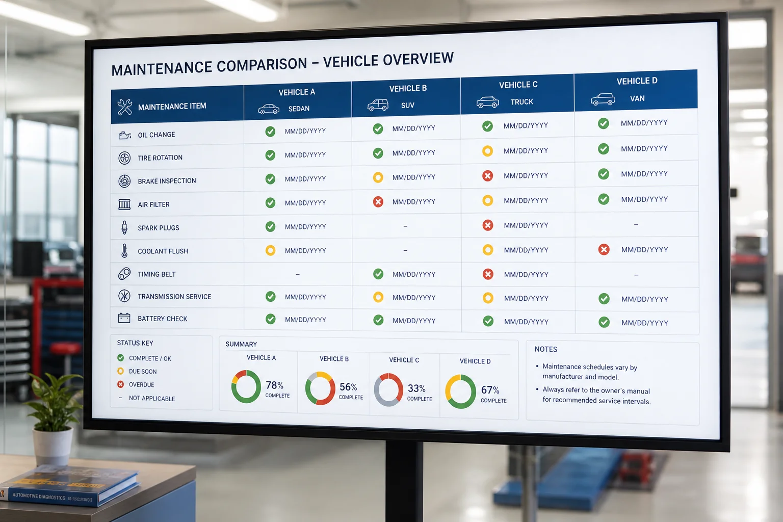 Anonymized maintenance comparison table on monitor